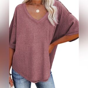 Mauve V-Neck Waffle Knit Top